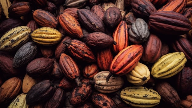 Realistic photo of a bunch of cacao. top view fruit scenery.
