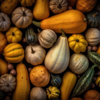 Realistic photo of different kind of squash. top view fruit scenery.