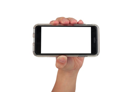 Female hand holding horizontal smart phone, use clipping path photo