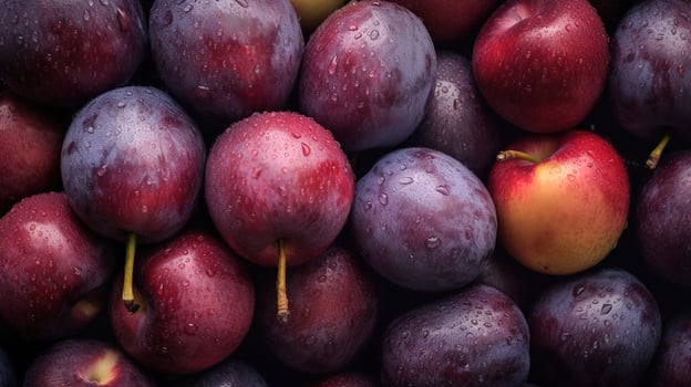 Realistic photo of a bunch of plums. top view fruit scenery.