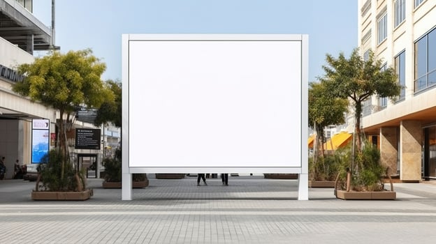 Public shopping center mall or business center advertisement board space as empty blank white mockup signboard with copy space area. photo