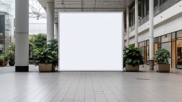 Public shopping center mall or business center advertisement board space as empty blank white mockup signboard with copy space area. photo