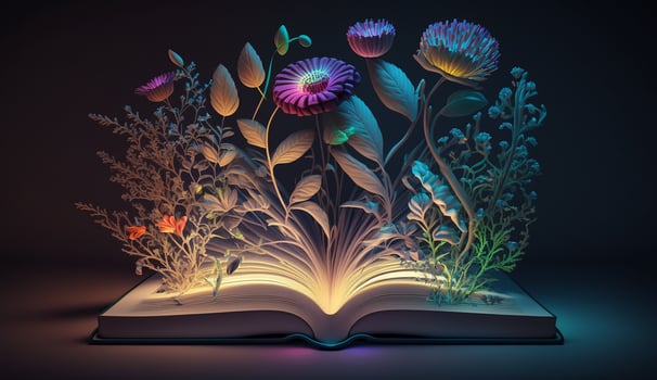 Book with flowers neon glow, concept of knowledge and education created with photo