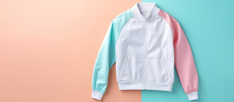Photo of a white and pink jacket hanging on a wall with copy space with copy space