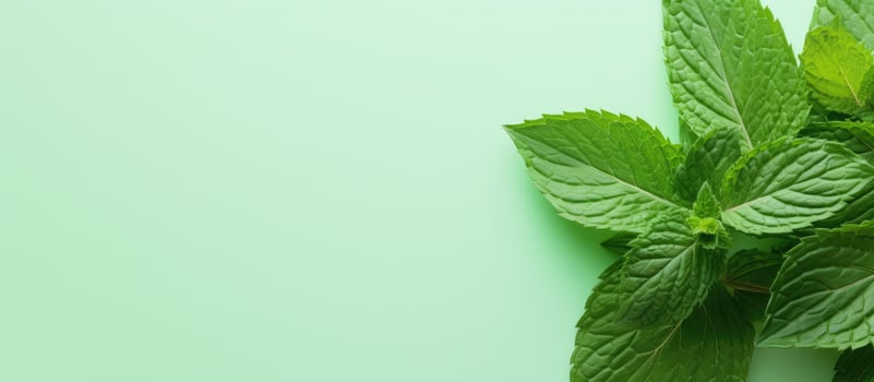 Photo of a vibrant and fresh mint plant on a lush green background with copy space