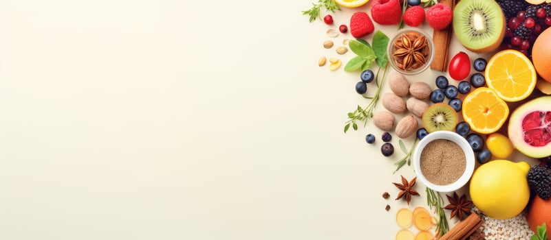 Photo of a colorful assortment of fresh fruits and vegetables on a clean white background with copy space
