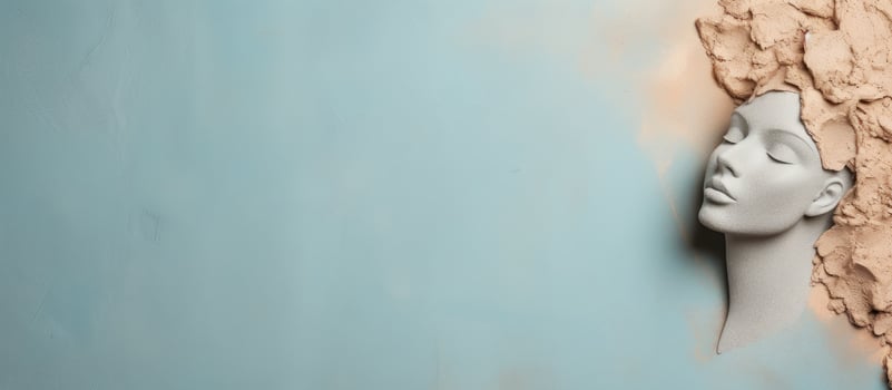 Photo of a mysterious white head emerging from a wall, creating a surreal and intriguing image with copy space