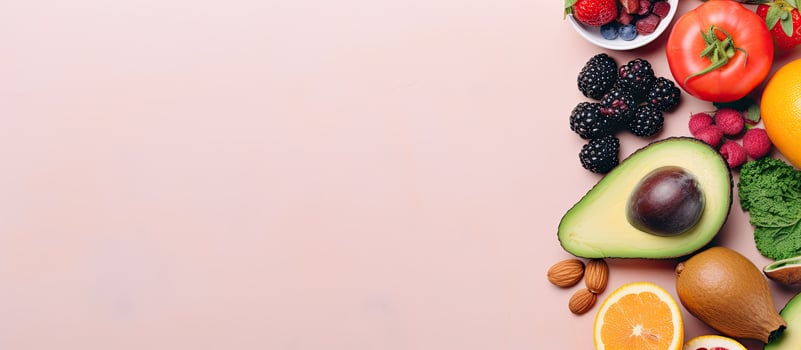 Photo of a colorful assortment of fruits and vegetables on a vibrant pink backdrop with copy space