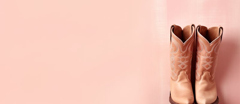 Photo of a pair of cowboy boots hanging on a pink wall with copy space