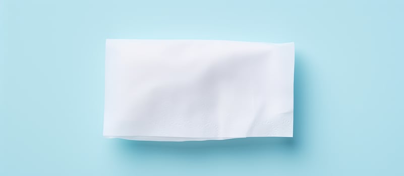 Photo of a pink and white napkin on a blue surface with copy space with copy space