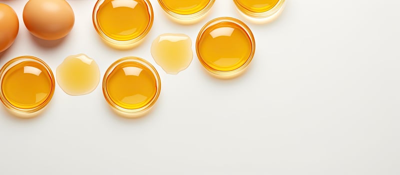 Photo of a group of eggs, one broken in half, with copy space with copy space