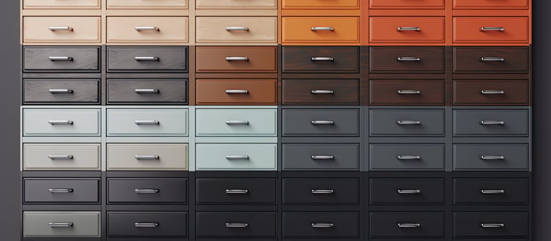 Photo of a colorful collection of mismatched drawers with copy space