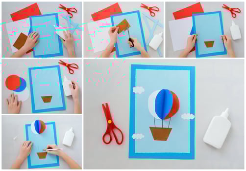 Balloon step by step instructions from colored paper. DIY concept. Step by step photo instruction. Application. Collage