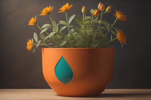 Calendula flower in pot on wooden table. photo
