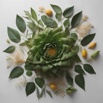 Flower arrangement made of succulent leaves and flowers, top view. photo