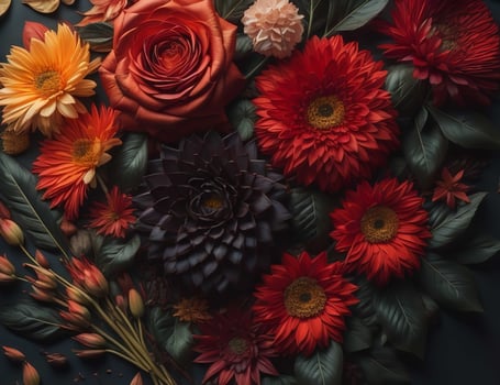 Flowers composition. Colorful flowers on dark background. Flat lay, top view, copy space. photo