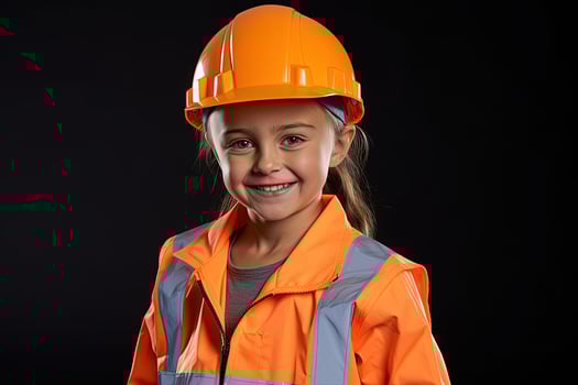 Portrait of a smiling little girl in a construction helmet photo