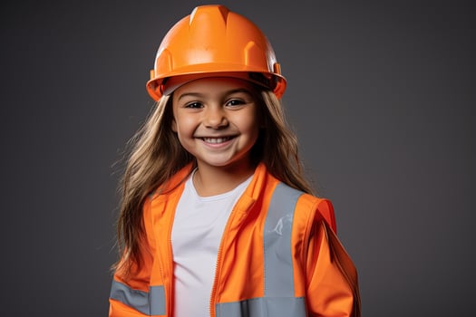 Portrait of a smiling little girl in a construction helmet photo