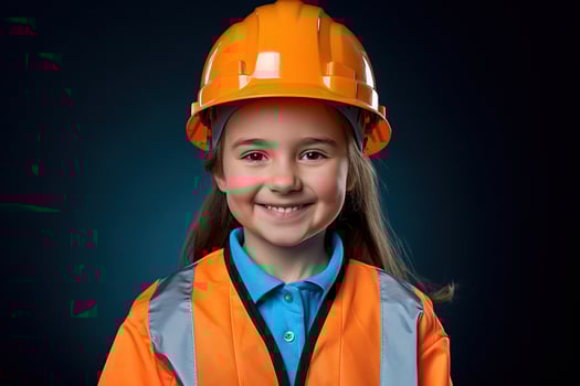 Portrait of a smiling little girl in a construction helmet photo