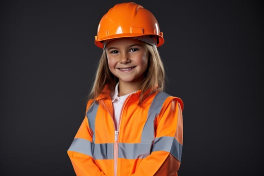 Portrait of a smiling little girl in a construction helmet photo