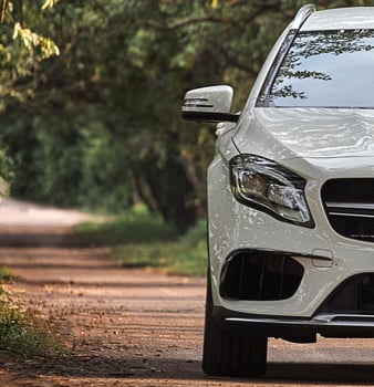 Modern white car driving in the park background,  luxury city car wallpaper photo