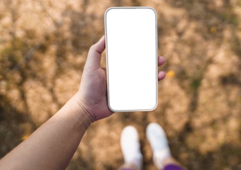 Close up of women's hands holding cell telephone blank copy space screen. smart phone with technology concept photo