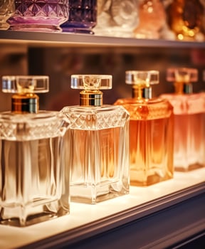 Luxury fragrance bottles at perfume scent at presentation event, bespoke perfumery and beauty product sale, photo