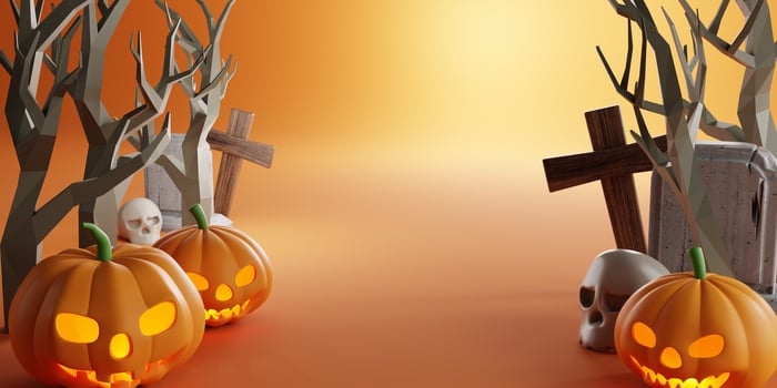 3d Rendering. Design for Halloween banner with pumpkin,crucifix, skull, grave on orange background. Dry trees in the cemetery. with copy space. photo