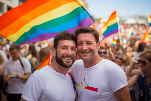 Two men with LGBT flags at the gay pride demonstration. photo
