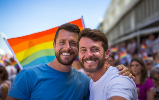 Two men with LGBT flags at the gay pride demonstration. photo