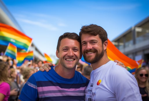 Two men with LGBT flags at the gay pride demonstration. photo