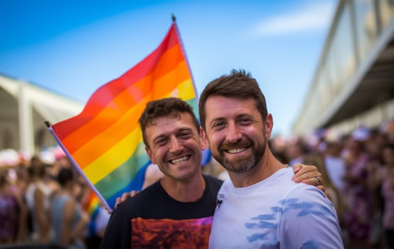 Two men with LGBT flags at the gay pride demonstration. photo