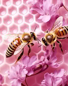 Two honeybees on pink honeycomb photo