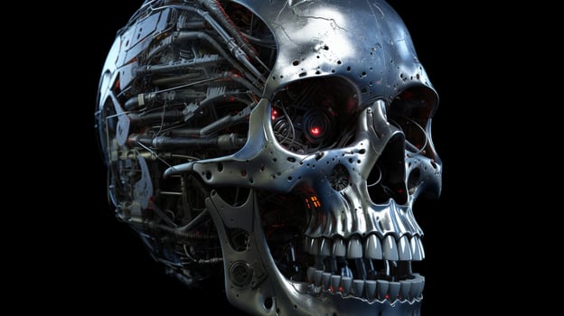 Metal shiny iron futuristic high tech cyborg robot skull on black background. photo