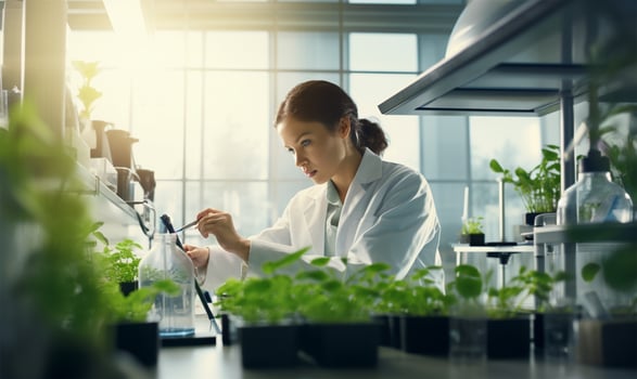 Agronomist biologist woman growing green plants in laboratory. photo