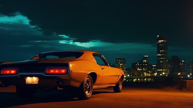 Vintage muscle car parked on the street at night. 80s styled synthwave retro scene with powerful drive in evening. . photo