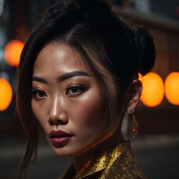 photo of asian woman at street night with light,