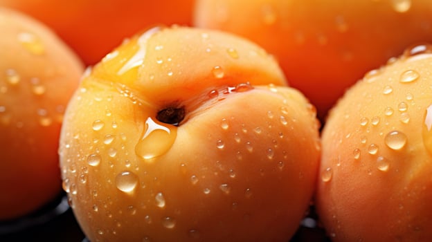 , bright slice of juicy ripe apricot and water drops, macro of summer fruit photo