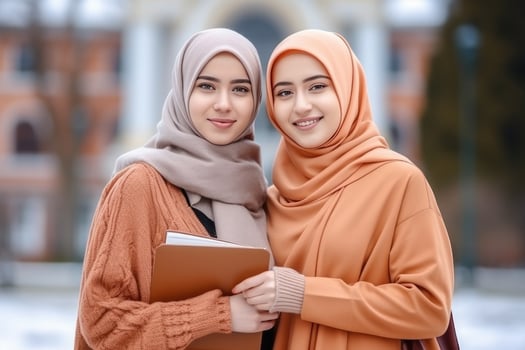 muslim student with book and friend in the city. Education concept. photo