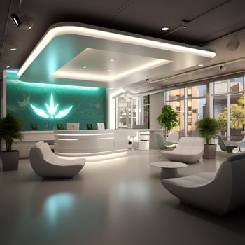 A lobby with white chairs and a green wall. photo