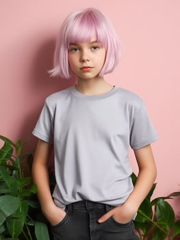 Girl wearing Grey T-Shirt for Mockup Design photo