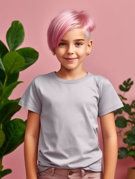 Girl wearing Grey T-Shirt for Mockup Design photo