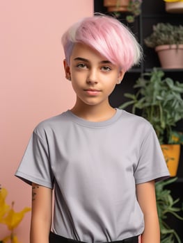 Girl wearing Grey T-Shirt for Mockup Design photo
