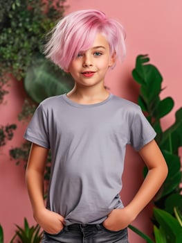 Girl wearing Grey T-Shirt for Mockup Design photo