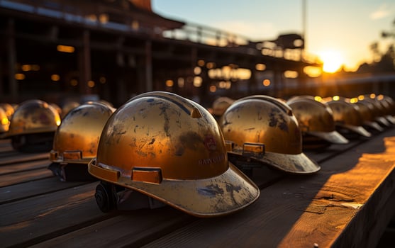The safety helmet silhouette at the construction site with a sunset background, photo