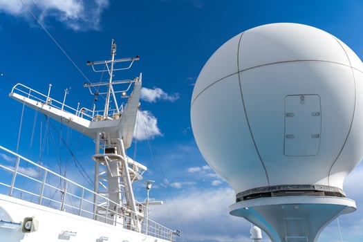 white antennas, radar and other communication and navigation equipment on ship photo