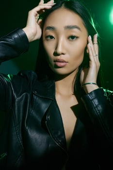 Woman concept light studio trendy smoke green model futuristic body colourful neon portrait art photo