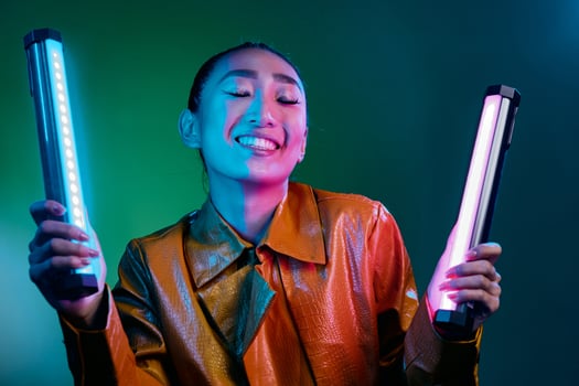 Woman neon fashion disco light green colorful trendy stylish asian beauty vivid yellow photo