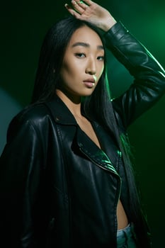 Light woman green portrait abstract creative neon colourful art smoke concept asian trendy photo
