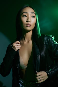 Colourful woman green neon model noir body portrait smoke art trendy concept light photo